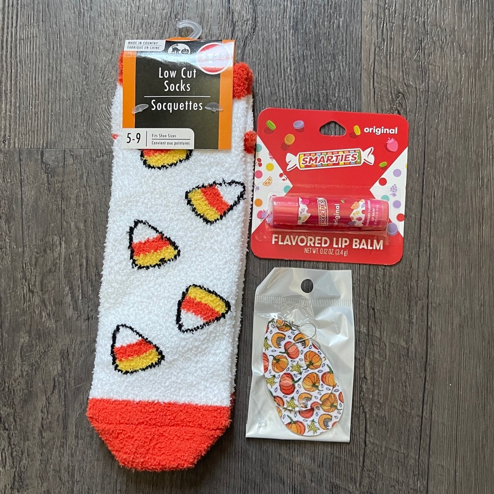 Halloween gift pack - Candy Corn Socks, Candy Lip Balm, and Pumpkin Earrings